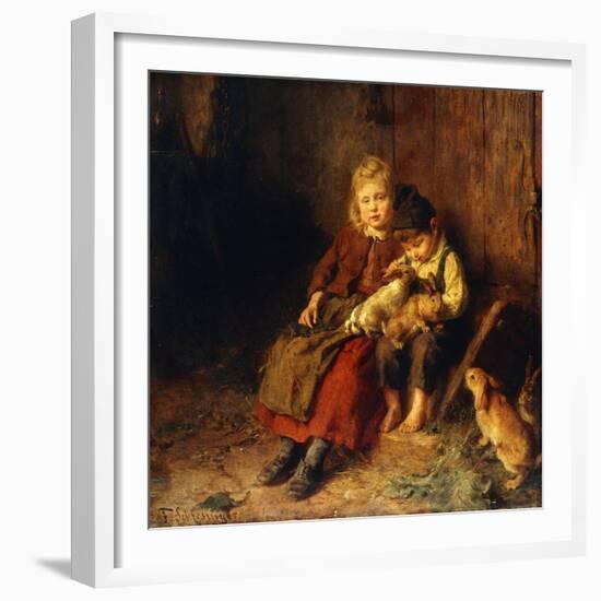 Two Children Playing with Rabbits-Felix Schlesinger-Framed Giclee Print