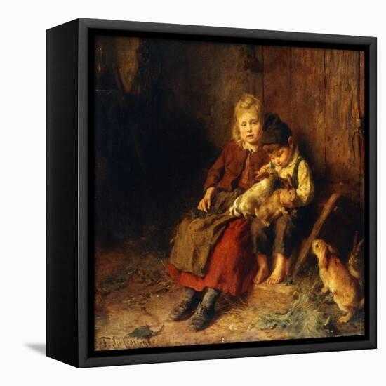 Two Children Playing with Rabbits-Felix Schlesinger-Framed Stretched Canvas