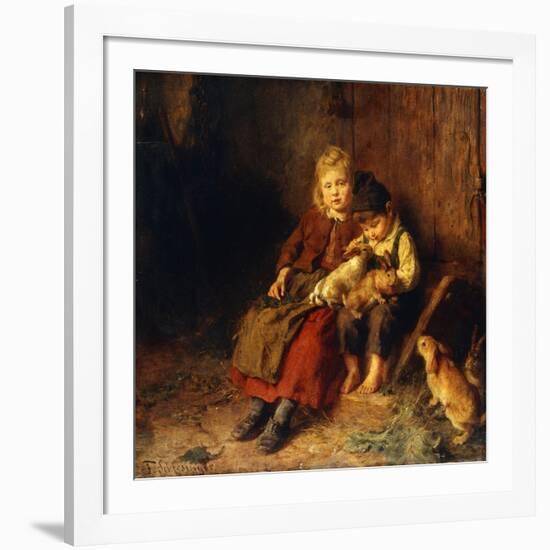 Two Children Playing with Rabbits-Felix Schlesinger-Framed Giclee Print