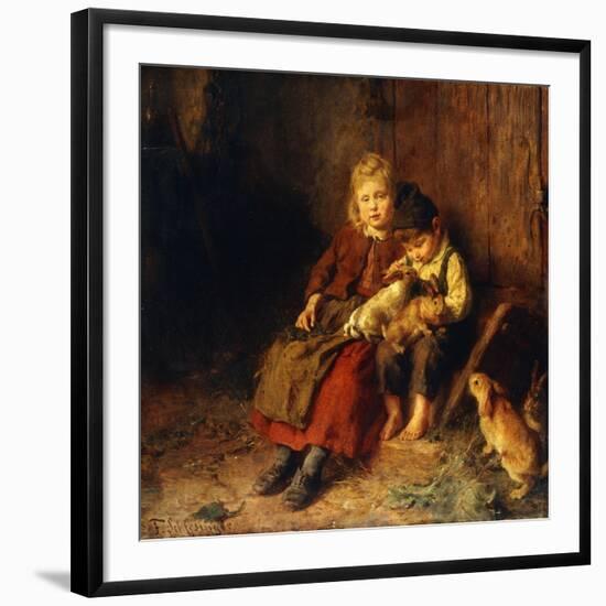 Two Children Playing with Rabbits-Felix Schlesinger-Framed Giclee Print