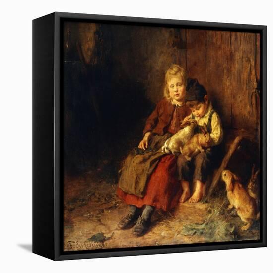 Two Children Playing with Rabbits-Felix Schlesinger-Framed Stretched Canvas