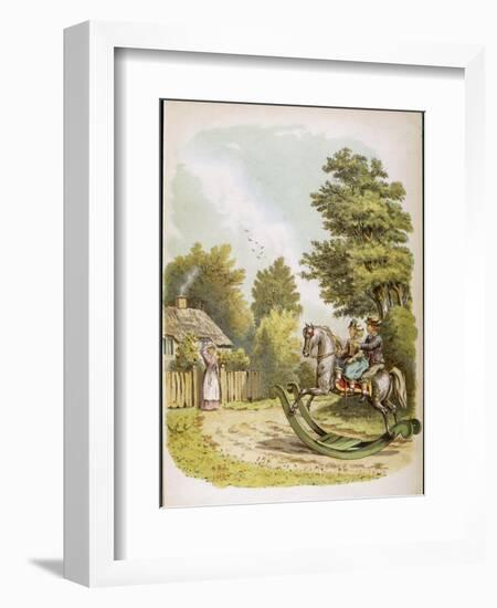 Two Children Ride Through the Countryside on Their Rocking Horse-Helen S. Tatham-Framed Art Print