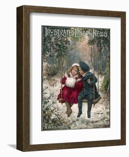 Two Children Sitting on a Swing in a Snowy Landscape-null-Framed Photographic Print