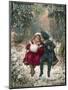 Two Children Sitting on a Swing in a Snowy Landscape-null-Mounted Photographic Print