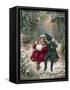 Two Children Sitting on a Swing in a Snowy Landscape-null-Framed Stretched Canvas