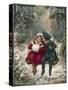 Two Children Sitting on a Swing in a Snowy Landscape-null-Stretched Canvas