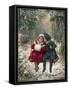 Two Children Sitting on a Swing in a Snowy Landscape-null-Framed Stretched Canvas