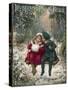 Two Children Sitting on a Swing in a Snowy Landscape-null-Stretched Canvas