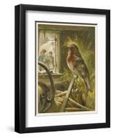 Two Children Watch a Robin the Barn Who is Standing on One Leg-John Lawson-Framed Art Print