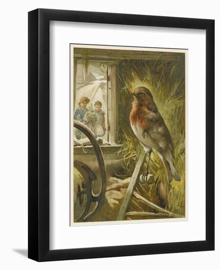 Two Children Watch a Robin the Barn Who is Standing on One Leg-John Lawson-Framed Art Print