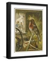 Two Children Watch a Robin the Barn Who is Standing on One Leg-John Lawson-Framed Art Print