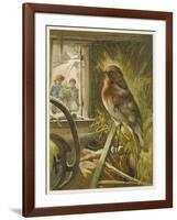 Two Children Watch a Robin the Barn Who is Standing on One Leg-John Lawson-Framed Art Print