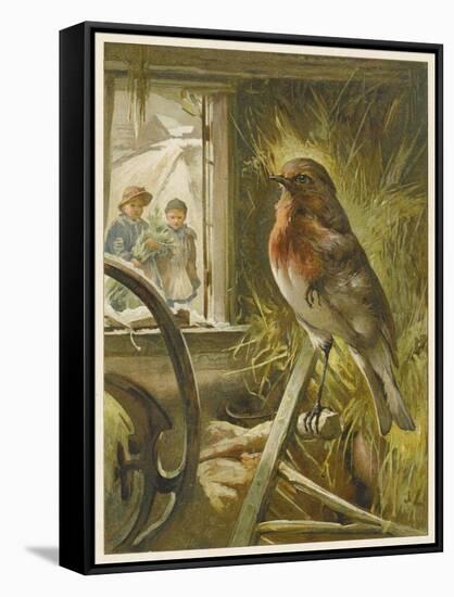 Two Children Watch a Robin the Barn Who is Standing on One Leg-John Lawson-Framed Stretched Canvas