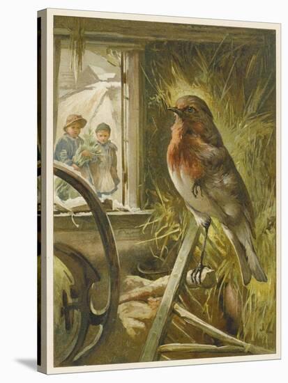 Two Children Watch a Robin the Barn Who is Standing on One Leg-John Lawson-Stretched Canvas