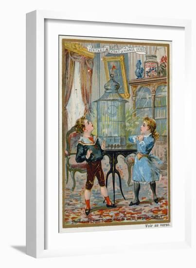 Two Children Wondering Where their Pet Caged Bird Has Escaped To-null-Framed Giclee Print