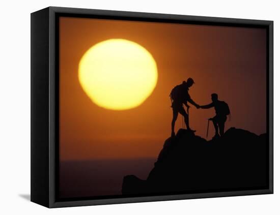 Two Climbers Reach the Summit at Sunrise, Colorado, USA-null-Framed Stretched Canvas