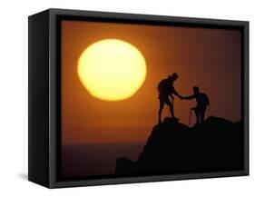 Two Climbers Reach the Summit at Sunrise, Colorado, USA-null-Framed Stretched Canvas
