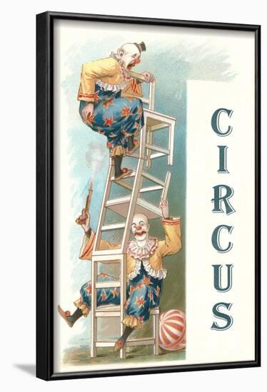 Two Clowns Balancing on Chairs-null-Framed Art Print