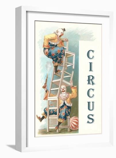 Two Clowns Balancing on Chairs-null-Framed Art Print