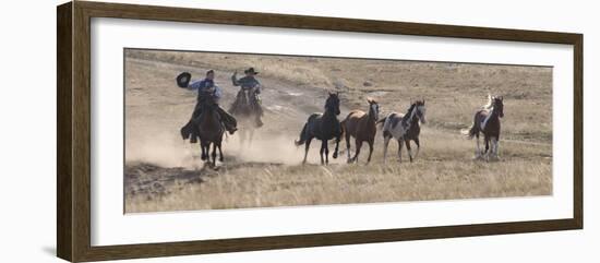 Two Cowboys Herding Horses, Flitner Ranch, Shell, Wyoming, USA-Carol Walker-Framed Photographic Print