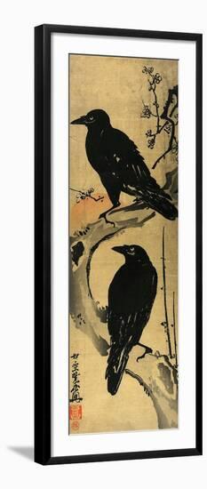 Two Crows on a Plum Branch with Rising Sun-Kyosai Kawanabe-Framed Giclee Print