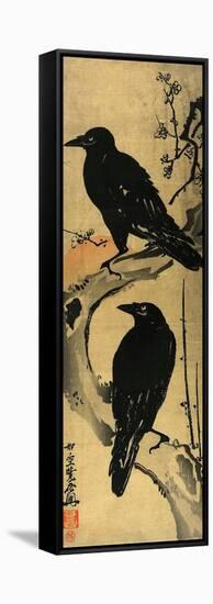 Two Crows on a Plum Branch with Rising Sun-Kyosai Kawanabe-Framed Stretched Canvas