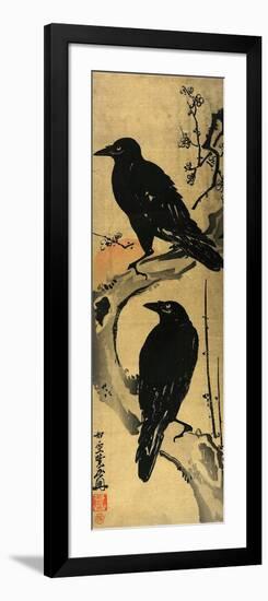 Two Crows on a Plum Branch with Rising Sun-Kyosai Kawanabe-Framed Giclee Print