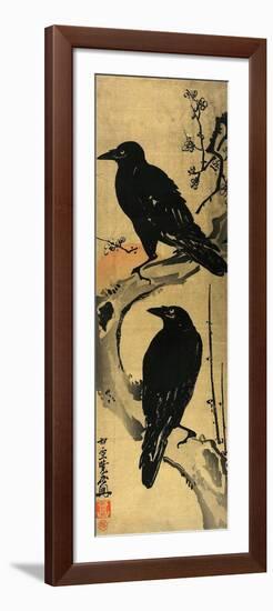 Two Crows on a Plum Branch with Rising Sun-Kyosai Kawanabe-Framed Premium Giclee Print