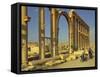 Two Cyclists Pass the Great Colonnade (Cardo), Palmyra, Unesco World Heritage Site, Syria-Eitan Simanor-Framed Stretched Canvas