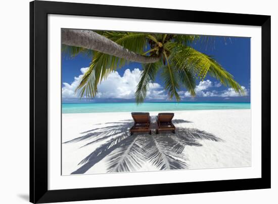 Two deck chairs under palm trees and tropical beach, The Maldives, Indian Ocean, Asia-Sakis Papadopoulos-Framed Photographic Print