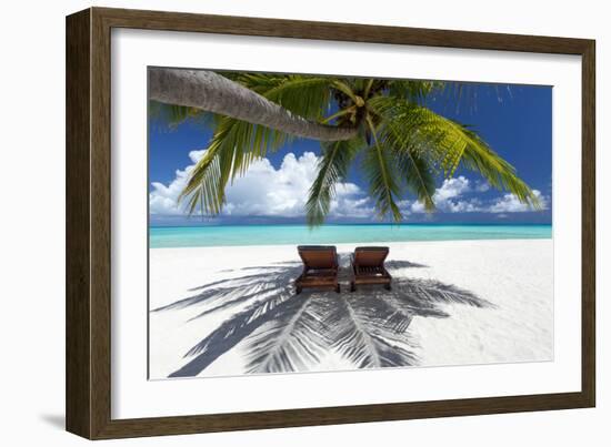 Two deck chairs under palm trees and tropical beach, The Maldives, Indian Ocean, Asia-Sakis Papadopoulos-Framed Photographic Print