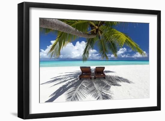 Two deck chairs under palm trees and tropical beach, The Maldives, Indian Ocean, Asia-Sakis Papadopoulos-Framed Photographic Print