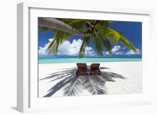 Two deck chairs under palm trees and tropical beach, The Maldives, Indian Ocean, Asia-Sakis Papadopoulos-Framed Photographic Print