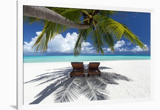 Two deck chairs under palm trees and tropical beach, The Maldives, Indian Ocean, Asia-Sakis Papadopoulos-Framed Photographic Print