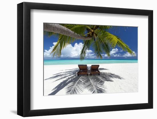 Two deck chairs under palm trees and tropical beach, The Maldives, Indian Ocean, Asia-Sakis Papadopoulos-Framed Photographic Print