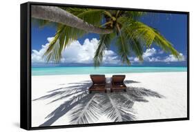 Two deck chairs under palm trees and tropical beach, The Maldives, Indian Ocean, Asia-Sakis Papadopoulos-Framed Stretched Canvas