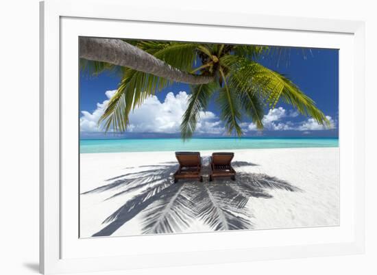 Two deck chairs under palm trees and tropical beach, The Maldives, Indian Ocean, Asia-Sakis Papadopoulos-Framed Photographic Print