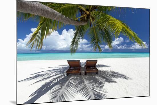 Two deck chairs under palm trees and tropical beach, The Maldives, Indian Ocean, Asia-Sakis Papadopoulos-Mounted Photographic Print
