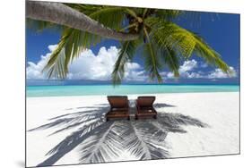 Two deck chairs under palm trees and tropical beach, The Maldives, Indian Ocean, Asia-Sakis Papadopoulos-Mounted Photographic Print