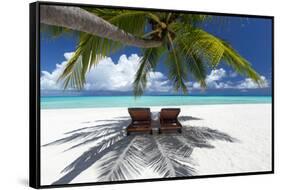 Two deck chairs under palm trees and tropical beach, The Maldives, Indian Ocean, Asia-Sakis Papadopoulos-Framed Stretched Canvas