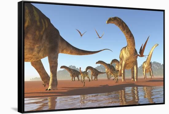 Two Deinocheirus Move Along with a Herd of Argentinosaurus-null-Framed Stretched Canvas