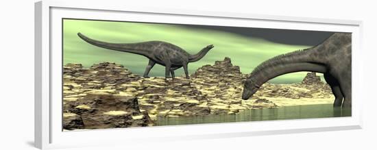 Two Dicraeosaurus Dinosaurs in a Desert Landscape-null-Framed Premium Giclee Print