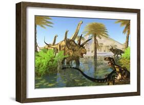 Two Dilong Dinosaurs Guard their Nest from a Coahuilaceratops-null-Framed Art Print