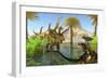 Two Dilong Dinosaurs Guard their Nest from a Coahuilaceratops-null-Framed Art Print