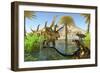 Two Dilong Dinosaurs Guard their Nest from a Coahuilaceratops-null-Framed Premium Giclee Print