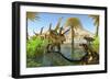 Two Dilong Dinosaurs Guard their Nest from a Coahuilaceratops-null-Framed Premium Giclee Print
