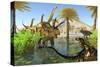 Two Dilong Dinosaurs Guard their Nest from a Coahuilaceratops-null-Stretched Canvas