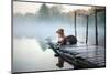 Two Dogs on the Lake in the Morning in the Fog. Animals Breed Nova Scotia Duck Tolling Retriever, T-Dezy-Mounted Photographic Print