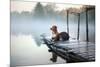 Two Dogs on the Lake in the Morning in the Fog. Animals Breed Nova Scotia Duck Tolling Retriever, T-Dezy-Mounted Photographic Print