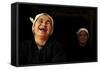Two Dong Women, One Laughing, in a Dark Room, Sanjiang Dong Village, Guangxi, China-Enrique Lopez-Tapia-Framed Stretched Canvas